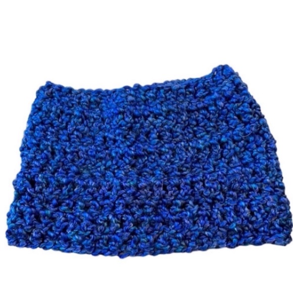 Hand Crafted Hat Headband Blue Crochet Pony Tail Beanie Chunky Ear Warmer Wrap - Picture 3 of 8